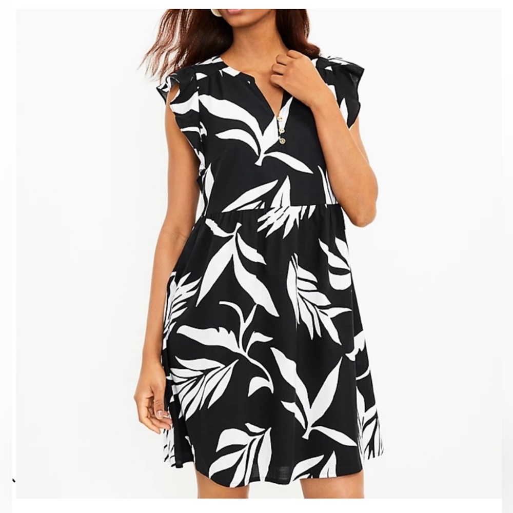 LOFT Black and White Flutter Sleeve Mini Dress